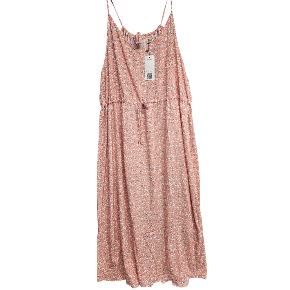 Leadingstar Womens 4XL Pink Floral Cami Midi Dress Spaghetti Strap Drawstring